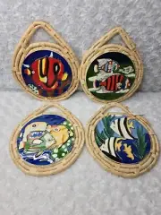 LOT 4 Ceramic Tile Trivets Wall Decor Exotic Fish Colorful Vintage NOS