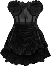 [Daisy corsets] Top Drawer 2 PC Steel Boned Black Mesh & Velvet Underwire Bustier Corset & Skirt Set - Luxury Brand, Black, X-Small