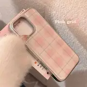 Plaid Phone Case - iPhone 16 Pro Max / 16 Pro / 16 Plus / 16 / 15 Pro Max / 15 Pro / 15 Plus / 15 / 14 Pro Max / 14 Pro / 14 Plus / 14 / 13 Pro Max / 13 Pro / 13 / 13 Mini Beige & Pink - iPhone 16 Pro