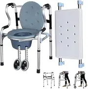 Shower Commode Wheelchair, Mobility Assist Toilet Chair with 2 Mute Wheels, Detachable Bucket, Adjustable Height, Lift Arms, Shower Board,Transport Commode Chair