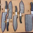 5pc Custom Damascus Kitchen Knife Set Full Tang Blades Great Gift leather Bag