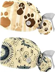 [YTYVAGT] 2-Pc,Nurse Scrub Caps,Scrub Hats with Buttons and Cotton Sweatband,Cute Animal Dog Paw Pattern