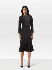 Black Long Sleeve Polkadot Trim Hilma Dress