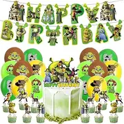 OZXVXZO Shrek Pack of 32 Decoration Set for Children's Birthday Parties: Happy Birthday Banner, Cake Topper, Cupcake Toppers, Latex Balloons - Green