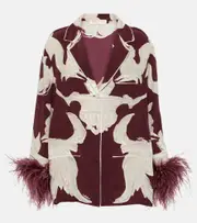[Valentino] Valentino Printed feather-trimmed silk crêpe de chine blouse AU 14 red