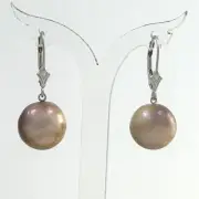 14k White Gold Leverback Genuine Baroque Mocha Pearls Dangle Earrings TPJ