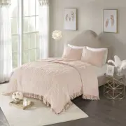 BEAUTIFUL ULTRA SOFT PLUSH PINK MODERN CHENILLE FRINGE VINTAGE CHIC QUILT SET