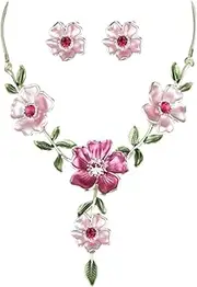 [Fenni Jewelry] Lovely Crystal Cherry Blossom Flower Choker Collar Bib Statement Necklace Earrings Sets Costume Jewelry
