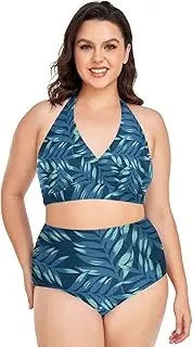 [Caihoyu] Extended Size Bikini for Women Tummy Control Bathing Suits High Waisted Bikini Swimwear Tropical Plant Leaf Blue L