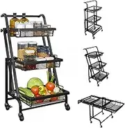 3 Tier Foldable Rolling Cart, Metal Utility Cart with Lockable Wheels, Moving Easily Closet Organizer, Storage Shelves for Living Room, Kitchen, Bathroom, Bedroom and Office (Black)