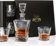 Crystal Whisky Decanter Set of 4 Glasses Lead Free Wedding Groomsmen Gift Party