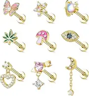 [Kakonia] Tragus Stud Earrings 16G Stainless Steel Cute Butterfly Flower Moon Heart Dangle Cartilage Conch Helix Tragus Piercing Jewelry Set