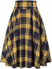 [TangDao] Women’s Plaid Midi Skirt Vintage High Waist A Line Pleated Skirt with Pocket