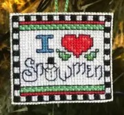 Handmade Cross Stitch Christmas Ornament-Completed-I Love Snowmen-Sign-Heart-Fun