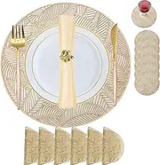 Placemats Set of 6,Gold Round Placemats with Coasters,Washable Heat Resistant Wipeable Heat Resistant Table Mats for Daily Use Wedding Anniversary Dinner Table Decorations(Dia:15inch/38cm)