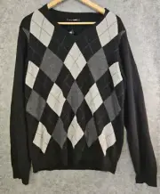 Apt. 9 Men's XL Cashmere Argyle Sweater Black Gray V Neck Preppy Y2K Kohls NEW