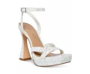 MADDEN GIRL Womens White Padded Embellished 1" Platform Adjustable Strap Ankle Strap Zanee Square Toe Flare Buckle Heeled Sandal 9 M