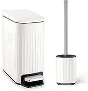 TrashAid Bathroom Trash Can with Toilet Brush - 6 Liter / 1.6 Gallon Bathroom Trash Can with Lid Soft Close + Silicone Toilet Brush and Holder Set, White Bathroom Accessories, Set of 2