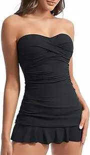 [Holipick] Women's Tummy Control One Piece Swim Dress Strapless Swimsuit Bandeau Skirted Bathing Suits