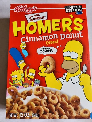 2002 The Simpsons Homer's Cinnamon Donut Cereal Sealed Box Kellogg's L.E.