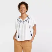 Women's Flutter Short Sleeve Embroidered Top - Knox Rose White/Navy Size S