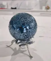 Glass Mosaic Turquoise 9cm Sphere Ball Ornament Silver Dragonfly Display Stand