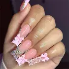 Long Square Press-On Fake Nail Sparky Rhinestones French Pink Manicure 24pcs