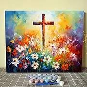 Tucocoo Religious Cross Paint by Number for Adults Beginner, DIY Oil Painting Kits on Canvas with Brushes and Acrylic Pigment, Wild Flowers Sunshine Pictures for Home Decor 16x20 inch (Frameless)