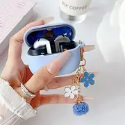 Cute Sky Blue Case Compatible with Galaxy Bud 3/Buds 3 Pro Cover for Girl Women with Flower Keychain, Soft Silicone Galaxy Buds Pro 3/Buds3 Protective Cover Skin (2024)