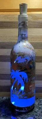 Beach Hand Painted Wine Bottle LED Light Hydro-dipped -Palm Dolphin -Coral Aqua