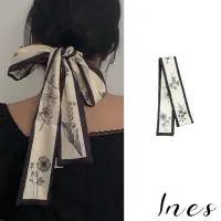 在飛比找momo購物網優惠-【INES】法式植物花卉描繪圖樣緞面髮帶 髮繩 絲巾 領巾(
