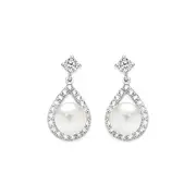 Silver Pearl & Cz Open Pear Drop Earrings in White