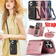 For iPhone 16 15 14 13 12 11 Pro Max XS Leather Bag Wallet Case Removable Strap