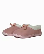 Ladies Plush Pink Slip On Slippers Satin Bow and Faux Fur Lining (14005)