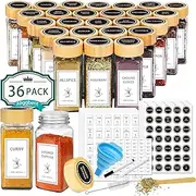 Aliggbent Spice Jars with Lable, 36 Pcs 4 oz Glass Spice Jars with Bamboo Lids, Spice Containers Bottles, Glass Seasoning Jars with Shaker Lids, Collapsible Funnel, for Spice Racks, Pantry,Cupboard