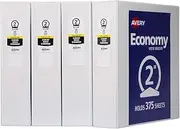 Avery Economy View 3 Ring Binders, 2" Round Rings, 4 White Binders (19202)