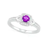 4.0mm Amethyst and 0.05 CT. T.W. Natural Diamond Cushion Frame Chevron Side Accent Antique Vintage-Style Ring in Sterling Silver