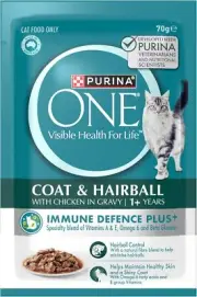 PURINA ONE Cat Food Adult Coat & Hairball Chicken Pouches 70gm 12 Pack Wet Cat
