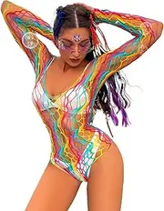 [Generic] Women Sexy Teddy Rainbow Fishnet Chemise Hot Mesh Mini Dress Lingerie Babydoll Bodysuit See Through Cover Up Dress
