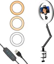 Desktop 10 Inch LED Ring Light USB Video Light Photography Fill Light 2700K-5500K 10-Level Brightness with Foldable Clip-on Light Stand Phone Holder Ballhead for Live Streaming Makeup Video