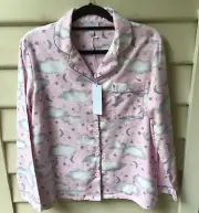 Sussan Pink Pyjama Top NWT $49 S 10 100% Cotton Flannel Grey Cloud Print Shirt