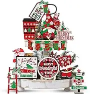 Tradder 14 Pcs Christmas Tiered Tray Decor Christmas Stockings Red Truck Xmas Tree Santa Gnome Merry Christmas Wooden Signs Christmas Table Decorations Rustic Farmhouse Decor for Home Table Shelf