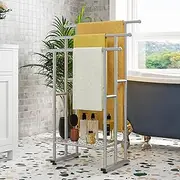 FOUBAM Tall Free Standing Towel Racks for Bathroom Towel Rack Stand with Storage Basket,3 Tiers Floor Bath Towel Holder,Anti-Rust Chrome Ladder Towel Bar,Silver