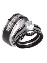 His Hers CZ 4 Piece Black Plated Stainless Steel & Titanium Matching Wedding Ban