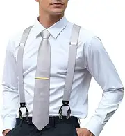 [Hi-Tie] Men's Suspender and Tie Set Adjustable Y Braces Pocket Square Set 6 Clips for Wedding Prom