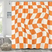 Cute 70S Retro Checkerboard Shower Curtain, Funky Groovy Orange Grid Checkered Shower Curtain Set with Hooks Tippy Trendy Style, Bright Hippie Cool Pastel Aesthetic Boho Bathroom Accessories, 72"X72"