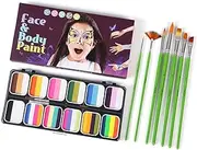 Face Paint Stencils, 12 Split Cake Water Colors Paint Set, Face Paint Brushes, Stencils, Stickers for Costume Party, Halloween Makeup Party (F-1)