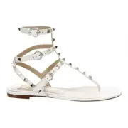 Valentino Rockstud White Leather Triple Ankle Strap Gladiator Flat Sandal 35.5
