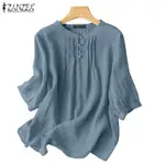 ZANZEA WOMEN KOREAN LOOSE 3/4 SLEEVE O-NECK SOLID COLOR BLOU