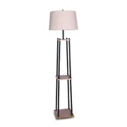 Metal Etagere Floor Lamp Wood shelf Cream Fabric Shade